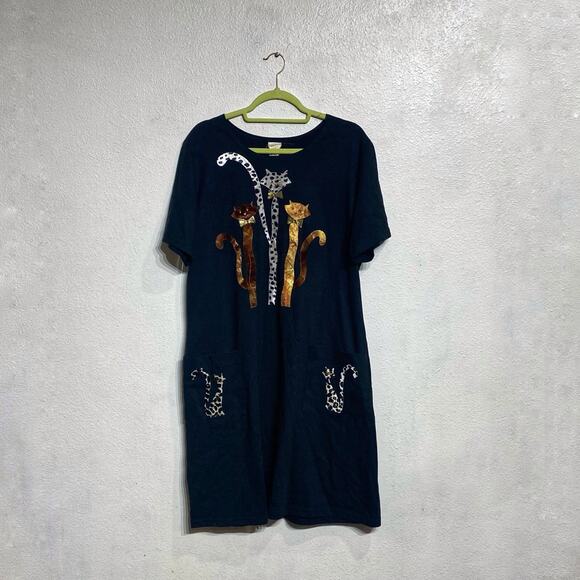 Karla Marie Black Cat Vintage Midi Shirt Dress Sz M - Picture 2 of 12